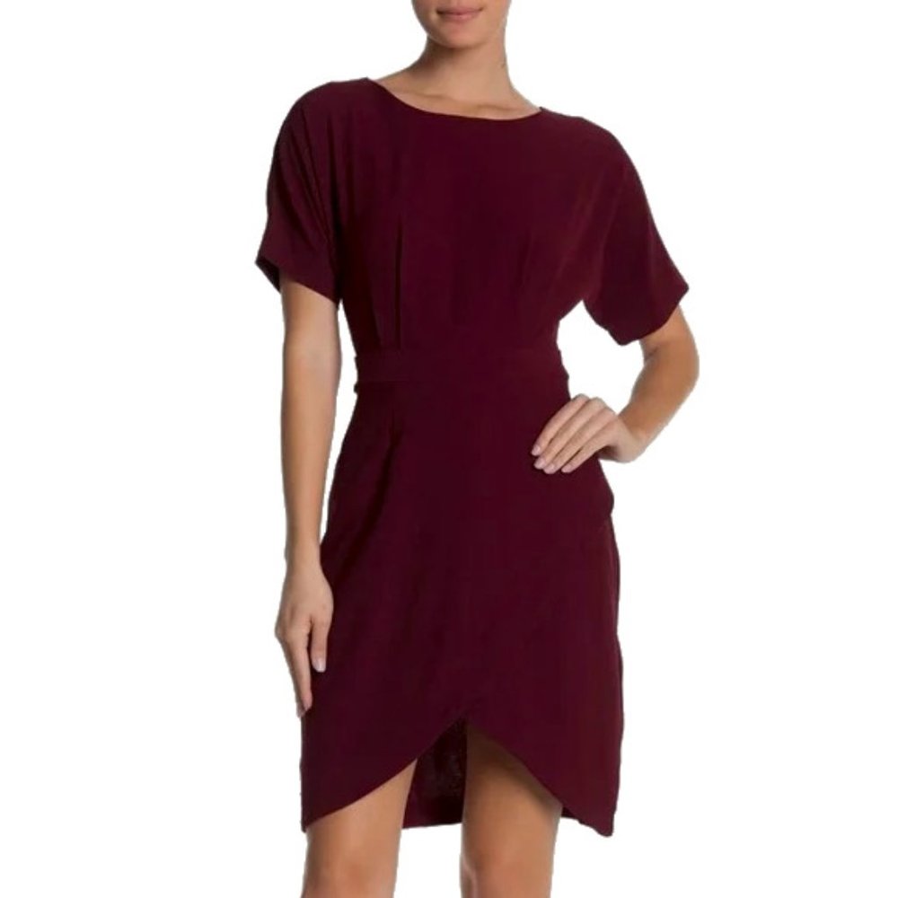 bobeau Burgundy Short Sleeve Wrap Hem Dress